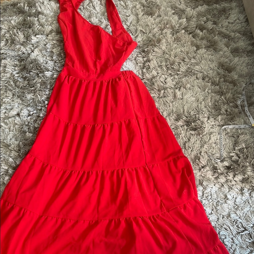 Red One-Shoulder Tiered Maxi Dress with Side Tie – Size S